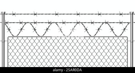 Stacheldrahtzaun. Realistische militärische Grenze aus Metall für gesichertes Gebiet. Zaunabschnitt aus metallischem Mesh mit Stacheldraht. Silbernes Gittergehäuse für das Gefängnis. Vorlage für Schutzbarrieren. Vektorumfang. Stacheldrahtzaun. Realistische militärische Grenze aus Metall für gesichertes Gebiet. Zaunabschnitt aus metallischem Mesh mit Stacheldraht. Gittergehäuse für Gefängnisse. Schutzbarriere, Vektorumfang Stock Vektor