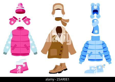 Warme Winterbekleidung – Mega-Set-Elemente in flachem Design. Bündel aus verschiedenen Mänteln und Jacken mit Schneeflockenverzierung, Fäustlingen, Hüten und Tüchern, Stiefeln. Vektorillustration isolierte Grafikobjekte Stock Vektor
