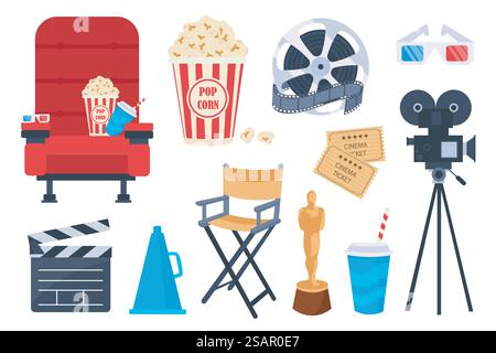 Kino-Mega-Set im flachen Cartoon-Design. Bündeln Sie Elemente aus rotem Stuhl, Popcorn-Becher, 3D-Gläsern, Rolle mit Filmband, Videokamera, Klappbrett und anderem. Vektorillustration isolierte Grafikobjekte Stock Vektor