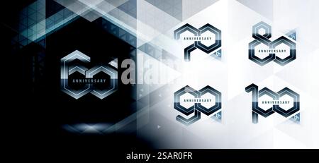 Set mit 60- bis 100-jährigem Jubiläum, 60- bis 100-jährigem Jubiläum. Abstraktes sechseckiges Infinity-Logo mit doppelter Linie, 60,70,80,90,100 Jahre Logo für Feier. Netzwerk Polygon Geometrisch, Sechskantnummer Stock Vektor