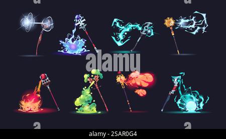 Magisches Zeug mit Effekten. Cartoon Zauberer Waffe mit verschiedenen bunten Feuer oder Explosionen. Fantasy Game Arms Kollektion. Isolierte Feenzepter mit magischen Kampfzaubern. Vektor-Zauberer-Sticks-Set. Magisches Zeug mit Effekten. Cartoon Zauberer Waffe mit verschiedenen bunten Feuer oder Explosionen. Game Arms Kollektion. Isolierte Zepter mit magischen Kampfzaubern. Vektor-Zauberer-Sticks-Set Stock Vektor