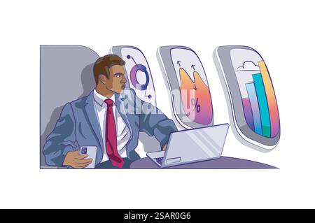 Datenanalysekonzept mit Personenszene im flachen Cartoon-Design für das Web. Der Mann im Flugzeug arbeitet am Laptop und recherchiert Diagramme und Diagramme. Vektorillustration für Social-Media-Banner, Marketingmaterial. Stock Vektor