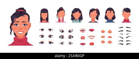 Frauengesichtskonstrukteur. Avatar-Set für weibliche Charaktere mit Haar- und Gesichtsformen. Niedliche Augen mit Augenbrauen, Nase und Lippen Kollektion. Friseurgestalter. Vektor-Cartoon isolierte Porträtelemente Set. Frauengesichtskonstrukteur. Avatar-Set für weibliche Charaktere mit Haar- und Gesichtsformen. Augen mit Augenbrauen, Nase und Lippensammlung. Friseurgestalter. Vektor Cartoon Portrait Elemente Set Stock Vektor