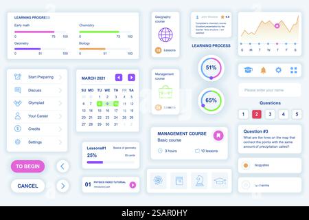 Benutzeroberflächenelemente, die für die mobile App für den Bildungsbereich festgelegt wurden. Kit-Vorlage mit HUD-Diagrammen, Lernfortschritt, Kalender, Unterrichtsplan, Profilverwaltung. Paket mit UI-, UX- und GUI-Bildschirmen. Vektorkomponenten. Stock Vektor