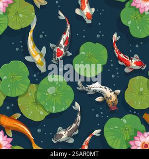 Koi-Fischmuster. Goldene Karpfen nahtlose Textur. Orientalische traditionelle Hintergrundschablone mit Seerose und japanischem Goldfisch. Asiatische Unterwassertiere schwimmen im Teich. Vektor Chinesisches Druckmodell. Koi-Fischmuster. Goldene Karpfen nahtlose Textur. Orientalische traditionelle Hintergrundschablone mit Seerose und japanischem Goldfisch. Unterwassertiere schwimmen im Teich. Chinesischer Vektor-Druck Stock Vektor