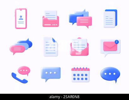 Realistische Nachrichtensymbole. 3D-Chat-Symbole aus Kunststoff. Sprechblase für SMS-Kommunikation von Mobiltelefonen. Elementvorlagen für Informationsbenachrichtigungen und E-Mail-Schnittstellen. Vektor-isolierte Smartphone-Schilder Set. Realistische Nachrichtensymbole. 3D-Chat-Symbole aus Kunststoff. Sprechblase für mobile SMS-Kommunikation. Elementvorlagen für Informationsbenachrichtigungen und E-Mail-Schnittstellen. Vektor-Smartphone-Schilder gesetzt Stock Vektor