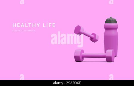 Set mit realistischer 3D-Sportausrüstung. Kurzhanteln und Wasserflasche isoliert auf hellem Hintergrund. Gesundes Lifestyle-Konzept. Fitnessbestand. Vektorabbildung. Stock Vektor
