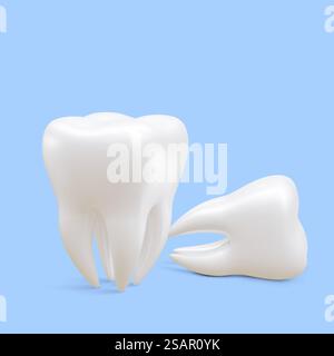 Realistischer Zahn isoliert auf blauem Hintergrund. Konzept der Zahnpflege. Vektorabbildung. Stock Vektor