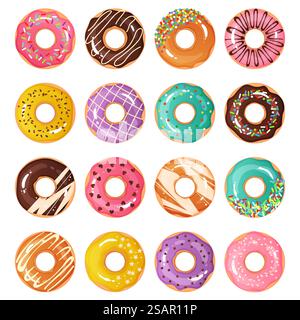 Bunte Donuts. Glasierte Desserts in Cartoon-Farben, dekoriert mit Schokolade und Süßwaren. Isoliertes Set aus süßen runden Donuts. Vorlagen für köstliche Kuchen. Zuckerhaltiges gebackenes Junk Food. Vektor süßes, leckeres Essen. Bunte Donuts. Glasierte Desserts in Cartoon-Farben, dekoriert mit Schokolade und Süßwaren. Isoliertes süßes Donuts-Set. Vorlagen für köstliche Kuchen. Gebackenes Junk Food. Vektor süßes, leckeres Essen Stock Vektor