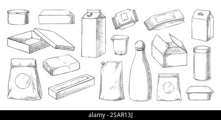 Skizze der Lebensmittelverpackung. Handgezeichneter Karton für Mahlzeiten oder Getränke. Lunchbox und Papierbeutel. Snack- und Getränkepaket. Einkäuferdose und Flaschengravur. Vektor-isolierte Produkte Verpackungsset. Skizze der Lebensmittelverpackung. Handgezeichneter Karton für Mahlzeiten oder Getränke. Behälter und Papierbeutel. Snack- und Getränkepaket. Einkäuferdose und Flaschengravur. Verpackungsset für Vektorprodukte Stock Vektor