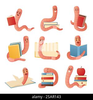Buchwurm. Cartoon-Figur in Brille mit Haufen von Lehrbüchern. Niedliches Regenwurm-Erziehungsmaskottchen mit lustigem Gesicht. Isolierte rosa Regenwurmkrabbeln und Literaturlesen. Vektorstudien Insektenset. Buchwurm. Cartoon-Figur in Brille mit Haufen von Lehrbüchern. Niedliches Regenwurm-Erziehungsmaskottchen mit lustigem Gesicht. Isolierte Regenwurmkrabbeln und Literaturlesen. Vektorinsekten Set Stock Vektor