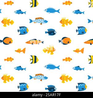 Abstraktes Fischmuster. Nahtloser Druck von minimalistischen Meer- und Meeresfischen mit einfachen Ornamenten, geometrischen Meeresbewohnern für Kinder Illustrationen auf weißem Hintergrund. Unterwasserfauna Vektorstruktur. Abstraktes Fischmuster. Nahtloser Druck von minimalistischen Meer- und Meeresfischen mit einfachen Ornamenten, geometrischen Meeresbewohnern für Kinder Illustrationen auf weißem Hintergrund. Vektortextur Stock Vektor