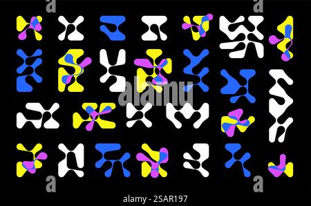 Auffällige Formen des Bauhauses. Abstrakte minimalistische geometrische Figuren im brutalistischen Stil. Helle mehrfarbige, blaue oder weiße verschiedene Kurvenformen. Set aus chaotischen Spots. Zeitgenössischer schwarzer Hintergrund des Vektors. Auffällige Formen des Bauhauses. Abstrakte minimalistische geometrische Figuren im brutalistischen Stil. Helle mehrfarbige, blaue oder weiße Kurvenformen. Set aus chaotischen Spots. Zeitgenössischer Vektor-Hintergrund Stock Vektor