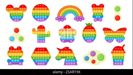 Fidget Pop Spielzeug. Farbenfrohes Anti-Stress-popit-Spiel für Kinder mit verschiedenen Formen und sensorischen Silikonblasen. Vektor isolierte trendige Regenbogenrelief Plastikgeräte Set. Fidget Pop Spielzeug. Farbenfrohes Anti-Stress-popit-Spiel für Kinder mit verschiedenen Formen und sensorischen Silikonblasen. Vektor trendy Regenbogen Relief Gadgets Set Stock Vektor