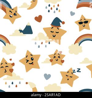 Niedliches Sternenmuster. Nahtloser Druck mit Emoticon-Ausdrücken der kawaii Happy Sky-Charaktere für die Illustration von Kindern. Regnerische Wolken. Lustiger Regenbogen und romantische Herzen. Vektor-Zeichentrick kindliche Textur Design. Niedliches Sternenmuster. Nahtloser Druck mit Emoticon-Ausdrücken der kawaii Sky-Charaktere für die Illustration von Kindern. Regnerische Wolken. Lustiger Regenbogen und romantische Herzen. Vektor-kindliche Textur Stock Vektor