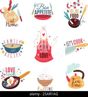 Kochetiketten. Küche kulinarische Design Aufkleber mit Beschriftungstext, Geschirr und Kochgeschirr mit Buchstaben, Schürze und Wasserkocher, Restaurant Essen bunte Embleme, Vektor Cartoon flache Stil isoliert Set. Kochetiketten. Küche kulinarische Design Aufkleber mit Beschriftungstext, Geschirr und Kochgeschirr mit Buchstaben, Restaurant Essen bunte Embleme, Vektor Cartoon flache Stil isoliert Set Stock Vektor