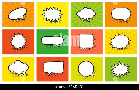 Hintergrund der Comic-Blasen. Comic Dialog Cloud. Textspritzer und mit Retro-Effekt. Konturkommunikation oder Denkgrafik leere Rahmen. Vektorstilisierter Ausdruck - Leere Karten gesetzt. Hintergrund der Comic-Blasen. Comic Dialog Cloud. Textspritzer und mit Retro-Effekt. Kommunikation oder Denken ohne Rahmen. Vektorstilisierter Ausdruck - Leere Karten gesetzt Stock Vektor