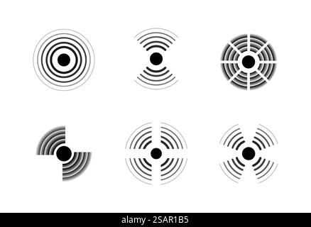 Radarsignalsymbole. Schallwellen. Schwarz-weiße Militärschilder. Symbolsatz für digitale Erkennungstechnologien. Isolierte Punkte und konzentrische Kreise. Minimale geometrische Elemente. Vektor-Sound-Ausrüstung. Radarsignalsymbole. Schallwellen. Schwarz-weiße Militärschilder. Symbolsatz für Erkennungstechnologien. Punkte und konzentrische Kreise. Minimale geometrische Elemente. Vektor-Sound-Ausrüstung Stock Vektor