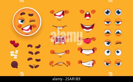 Emotion Kit. Lustige Figur mit Mund, Augen und gelbem Gesicht. Überraschte oder aufgeregte Ausdrücke. Angry and Happy different Emotion Cute Smileys Kollektion. Vektor isolierte Cartoon Gesichtselemente Set. Emotion Kit. Lustige Figur mit Mund, Augen und gelbem Gesicht. Überraschte oder aufgeregte Ausdrücke. Angry and Happy different Emotion Smileys Kollektion. Vector Cartoon Gesichtselemente Set Stock Vektor