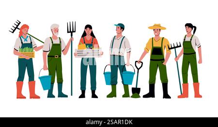 Cartoon-Bauern. Die Charaktere der Bauern stehen zusammen im Garten. Männer mit Schaufeln oder Rechen und Eimern. Gärtner in Arbeitsuniform. Gemüseanbau. Vektorhintergrund bei landwirtschaftlichen Arbeitern. Cartoon-Bauern. Die Charaktere stehen zusammen im Garten. Männer mit Schaufeln oder Rechen und Eimern. Gärtner in Uniform. Gemüseanbau. Vektorhintergrund bei landwirtschaftlichen Arbeitern Stock Vektor