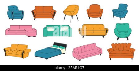 Trendige Möbel. Komfortcouch mit Doodle-Design. Haus-Indoor-Sessel und modernes Luxussofa. Komfortables Bett mit Kissen. Wohnmöbel oder Dekoration für Wohnzimmer. Vektor isolierte Innenelemente Set. Trendige Möbel. Komfortcouch mit Doodle-Design. Haussessel und modernes Luxussofa. Komfortables Bett mit Kissen. Wohnmöbel oder Dekoration für Wohnzimmer. Vektor-Innenelemente-Set Stock Vektor