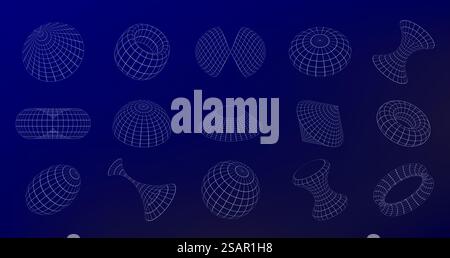 Drahtmodell Geometrische Formen. Retrofuturistische Gitterformen, die perspektivisch mit Dimensionssinn angeordnet sind. Vektor 3D komplexe abstrakte Formen Set aus futuristischer, Cyber-geometrischer Illustration. Drahtmodell Geometrische Formen. Retrofuturistische Gitterformen, die perspektivisch mit Sinn für Tiefe und Dimension angeordnet sind. Vektor 3D Complex abstrakte Formulare Set Stock Vektor
