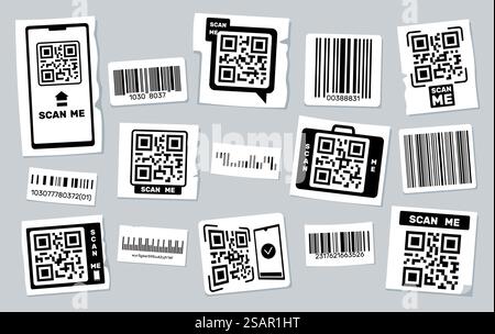 QR-Code-Aufkleber. Barcode-Etiketten mit Produktinformationen oder Link, Scannerrahmen mit grafischen Elementen für Preisschilder, Scannen auf Telefonkonzept. Vektorsatz der Abbildung des Produktcodes. QR-Code-Aufkleber. Barcode-Etiketten mit Produktinformationen oder Link, Scannerrahmen mit grafischen Elementen für Preisschilder, Scannen auf Telefonkonzept. Vektorsatz Stock Vektor