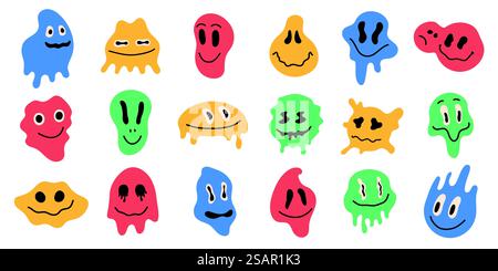 Farbenfrohe verzerrte Emoji. Abstrakte, schmelzende Gesichter surreale, säuregroovende Gesichter, Säure-Warp-Gesichter. Vektor 90s psychedelische Set von Lächeln Emoji lustige Illustration. Farbenfrohe verzerrte Emoji. Abstrakte, schmelzende Gesichter surreale, säuregroovende Gesichter, Säure-Warp-Gesichter. Vector 90s Psychedelic Set Stock Vektor