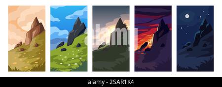 Tageslandschaft. Zeichentrickfilm-Naturszene mit Sonnenuntergang am Morgen und Nachthimmel. Abendliche oder morgendliche Berglandschaft. Malerische Aussicht mit Felsen und Skyline. Sommerpanorama der Highlands. Vektor-Poster-Set. Tageslandschaft. Naturszene mit Sonnenaufgang und Sonnenuntergang am Nachmittag und Nachthimmel. Abendliche oder morgendliche Berglandschaft. Malerische Aussicht mit Felsen und Skyline. Highlands Panorama. Vektor-Poster-Set Stock Vektor