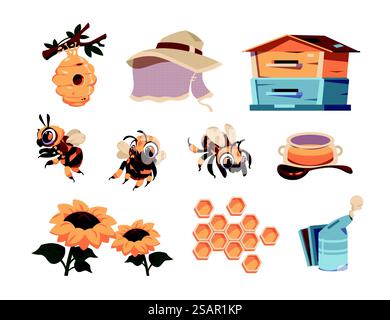 Honigbiene. Cartoon süßes Insektenmaskottchen mit Bienenstock. Bienenelemente. Isolierter Topf und Löffel. Blühende Sonnenblumen. Wabenwerkzeuge und Werkzeuge für Imker. Vektor Fliegen lustige Kinder Honigbiene Charaktere Set. Honigbiene. Cartoon süßes Insektenmaskottchen mit Bienenstock. Bienenelemente. Topfglas und Löffel. Blühende Sonnenblumen. Wabenwerkzeuge und Werkzeuge für Imker. Vektor fliegende Kinder Honigbiene Zeichen Set Stock Vektor