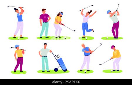 Golfspieler. Männliche und weibliche Golfspieler, sportliche Charaktere, Clubmitglieder spielen auf grünen Feldern, schlagen Ball mit Stock, Sport Sommer Outdoor-Aktivitäten Vektor Cartoon flache Stil isolierte Set. Golfspieler. Männliche und weibliche Golfspieler, sportliche Charaktere, Clubmitglieder spielen auf grünen Feldern, schlagen Ball mit Stock, Sport Sommer Outdoor-Aktivitäten, Vektor-isolierte Set Stock Vektor