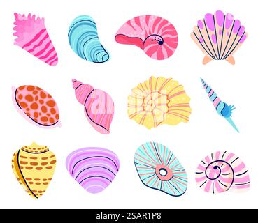 Tropische Muschel. Cartoon Muscheln, Austern und Jakobsmuscheln. Vektor der Muschelmeer-Unterwasserillustration. Tropische Muschel. Cartoon Muscheln, Austern und Jakobsmuscheln Stock Vektor