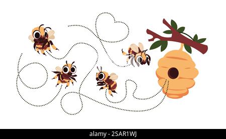 Bienenspur. Zeichentrick fliegende Honigbienen-Stürme. Niedliche Hummel und lustige Wespenzeichnung. Glückliche Sommerinsekten mit Bienenstock auf Baum. Vektor wilde flauschige Hummeln und gepunktete Flugbahnen Set. Bienenspur. Zeichentrick fliegende Honigbienen-Stürme. Summen der Hummel und lustige Wespen-Zeichnung. Glückliche Sommerinsekten mit Bienenstock auf Baum. Vektorwild Hummeln Maskottchen und gepunktete Flugspuren Set Stock Vektor