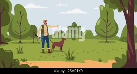 Illustration der Jagd. Zeichentrickjäger halten eine Waffe und zielen mit Waffen und Ausrüstung auf das Ziel, Natur Freizeitaktivitäten flach. Vektor-Illustration von Outdoor Jäger, Waffen Wildtiere. Illustration der Jagd. Zeichentrickjäger halten eine Waffe und zielen mit Waffen und Ausrüstung auf das Ziel, Natur Freizeitaktivitäten flach. Vektorabbildung Stock Vektor