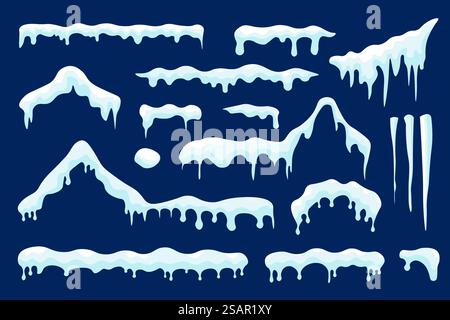 Snow Ice Caps Mega Set-Elemente in flachem Design. Bündel aus verschneiten Eis und Schneekappen mit gefrorenen Eiszapfen auf Dachformen des Hauses, Frostgrenzen mit Tropfeffekt. Vektorillustration isolierte Grafikobjekte Stock Vektor
