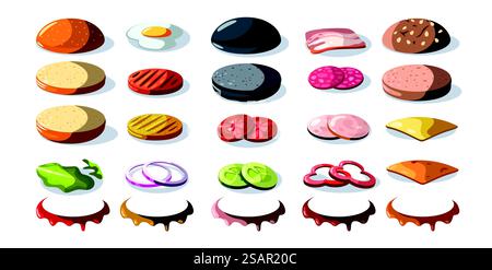 Burger-Zutaten. Cartoon-Fastfood-Konstrukteur mit Käsesauce Zwiebeln Tomaten Salatgurke, Hamburger mit geröstetem Fleisch, Fladenfutter. Vektorsatz von Burger Food Illustration, Sandwich und Hamburger. Burger-Zutaten. Cartoon-Fastfood-Konstrukteur mit Käsesauce Zwiebeln Tomaten Salatgurke, Hamburger mit gebratenem Fleisch in Scheiben. Vektorsatz Stock Vektor