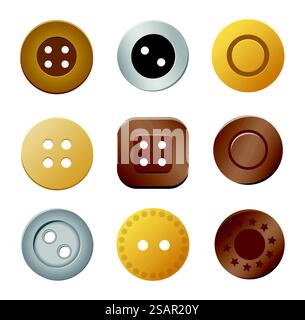 Nähknöpfe. Gold Silber Metall Bronze Kupfer Tuch Nieten, Handarbeit Kleidung. Vektor der Schaltflächen isoliert, Symbol- und Symboldarstellung. Nähknöpfe. Gold Silber Metall Bronze Kupfer Tuch Nieten, Handarbeit Kleidung Stock Vektor