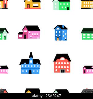 Abstraktes Häusermuster. Nahtloser Druck von niedlichen handgezeichneten Gebäuden mit winzigen Türen, Fenstern und Wandziegeln. Flache Stadtgebäude moderne Textur, Vektorcartoon isolierte Elemente auf weißem Hintergrund. Abstraktes Häusermuster. Nahtloser Druck von niedlichen handgezeichneten Gebäuden mit winzigen Türen, Fenstern und Wandziegeln. Flache Stadtgebäude moderne Textur, Vektorcartoons isolierte Elemente Stock Vektor