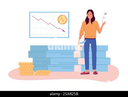 Finanzkrise. Enttäuschte Person mit leeren Taschen. Marktrückgang, Wagen mit Pfeil nach unten. Konzept des wirtschaftlichen Zusammenbruchs. Mitarbeiter ohne Geld, Armutsvektor-Illustration. Finanzkrise. Enttäuschte Person mit leeren Taschen. Marktrückgang, Wagen mit Pfeil nach unten. Konzept des wirtschaftlichen Zusammenbruchs Stock Vektor