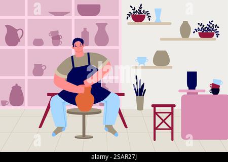 Töpferei-Hobby, Keramikmeister. Fröhlicher männlicher Charakter, der Tonvase macht. Handgefertigte Keramik, kreatives Hobby. Cartoon-Person mit handgemachtem Objekt. Unterricht bei Studio-Vektor-Illustration. Töpferei-Hobby, Keramikmeister. Fröhlicher männlicher Charakter, der Tonvase macht. Handgefertigte Keramik, kreatives Hobby Stock Vektor