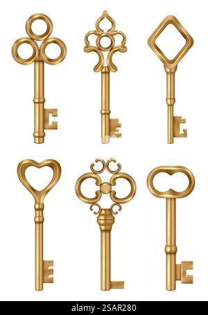 Goldener Schlüssel. Immobiliensymbole mittelalterliche verzierte Vintage Schlüssel für Türen anständige Vektor 3D realistische Illustrationen. Alter alter alter alter Schlüssel. Goldener Schlüssel. Immobiliensymbole mittelalterliche verzierte Vintage Schlüssel für Türen anständige Vektor 3D realistische Illustrationen Stock Vektor
