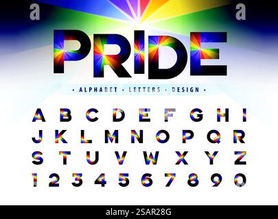 Vektor der Regenbogenfarben Alphabet Buchstaben und Zahlen, LGBT bunte stilisierte Schriften, Pride Rainbow Letters Schriftart Set für Pride Month Festival, LGBT Party, LGBTQ Fun Fair, Gay Fashion Show, Unterhaltung Stock Vektor