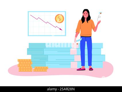 Finanzkrise. Enttäuschte Person mit leeren Taschen. Marktrückgang, Wagen mit Pfeil nach unten. Konzept des wirtschaftlichen Zusammenbruchs. Mitarbeiter ohne Geld, Armutsvektor-Illustration. Finanzkrise. Enttäuschte Person mit leeren Taschen. Marktrückgang, Wagen mit Pfeil nach unten. Konzept des wirtschaftlichen Zusammenbruchs Stock Vektor