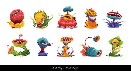 Fleischfressende Pflanze. Comic Monster Pflanzen mit Zähnen und Zunge, giftige Monster Pflanzen mit Eckzähnen und Zähnen, botanische Fleischfresser Flora. Vektor-Set von Monster Carnivore Fantasy Illustration. Fleischfressende Pflanze. Comic Monster Pflanzen mit Zähnen und Zunge, giftige Monster Pflanzen mit Eckzähnen und Zähnen, botanische Fleischfresser Flora. Vektorsatz Stock Vektor
