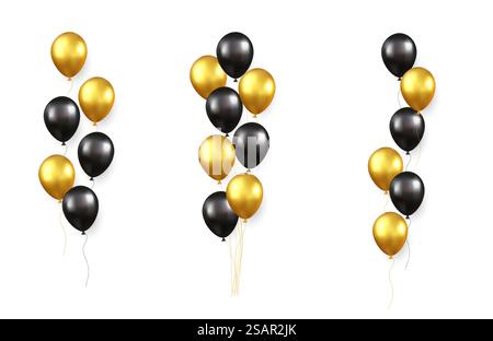 Set festlicher Sträuße aus Gold, schwarze Ballons isoliert auf weißem Hintergrund. Farbig glänzender fliegender Ballon, Band, Geburtstagsfeier, Überraschung. 3D-Rendering. Vektorabbildung. Set aus festlichem Gold, schwarzen Ballons Stock Vektor