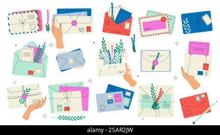 Cartoon-Briefumschläge. Handgeschriebene Briefe mit Stempel und Stempel, altmodische Postkarte und Briefzustellung. Vektorsammlung des Umschlags mit der Abbildung der Nachricht an die Korrespondenz. Cartoon-Briefumschläge. Handgeschriebene Briefe mit Stempel und Stempel, altmodische Postkarte und Briefzustellung. Vektorsammlung Stock Vektor