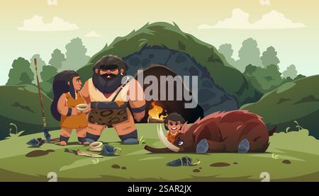 Prähistorischer Stamm. Comic primitive Männer- und Frauenfiguren mit Knochen und Werkzeugen, prähistorische Evolutionsfiguren, Lebensstil, Jagd und Routine. Vektorabbildung. Höhlenmenschen der alten Familie. Prähistorischer Stamm. Comic primitive Männer- und Frauenfiguren mit Knochen und Werkzeugen, prähistorische Evolutionsfiguren, Lebensstil, Jagd und Routine. Vektorabbildung Stock Vektor