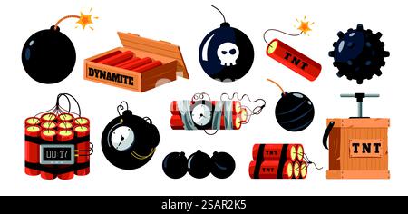 Dynamit und Bomben. Cartoon militärische Sprengkörper, Militärgranate und tnt Bombe mit Zeitschaltuhr Sicherung, Gefahrenknall Feuerwerkskörper. Vektor-isolierter Satz. Terrorismusobjekte und Gewaltgegenstände. Dynamit und Bomben. Cartoon militärische Sprengkörper, Militärgranate und tnt Bombe mit Zeitschaltuhr Sicherung, Gefahrenknall Feuerwerkskörper. Vektor-isolierter Satz Stock Vektor