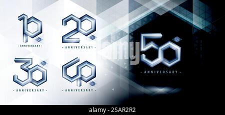 Set mit 10- bis 50-jährigem Jubiläum, 10- bis 50-jährigem Jubiläum. Abstraktes silbernes Hexagon Infinity-Logo, 10,20,30,40,50 Jahre Logo für Feier. Netzwerk Polygon Geometrisch, Sechskantnummer Stock Vektor