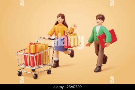 3D-Zeichentrickfilm-Figuren. Junge Paare, die zusammen einkaufen und viele Geschenke kaufen. Isolierter hellgelber Hintergrund. 3D-Charakterdesign zum Einkaufen Stock Vektor